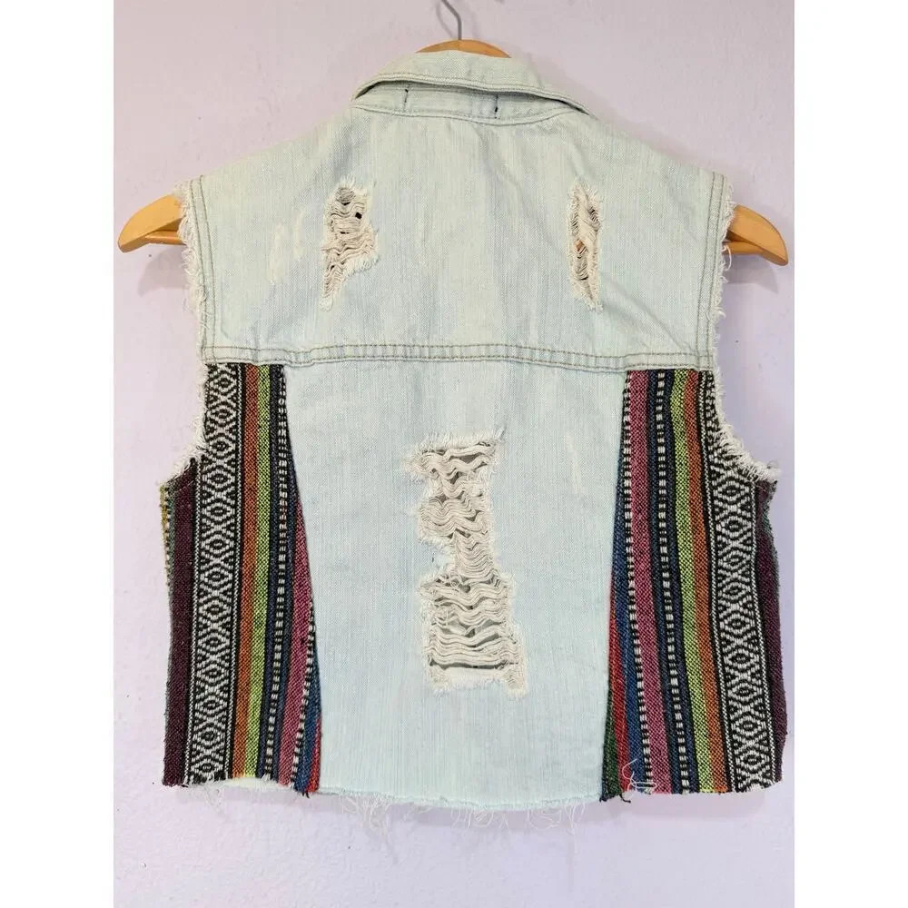 Forever 21 Denim Vest Women Aztec Size S Distressed‎ Frayed Hem Boho Festival